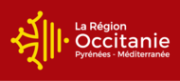 Logo rectangulaire de la région Occitanie sur fond rouge avec une symbolique en jaune/or et le texte La Région Occitanie Pyrénées - Méditerranée en blanc